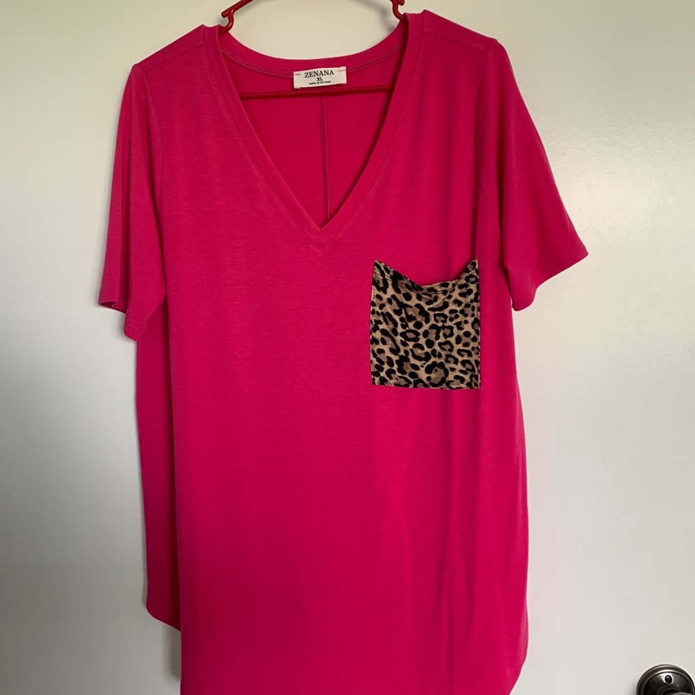 Pink V Neck with animal print pocket